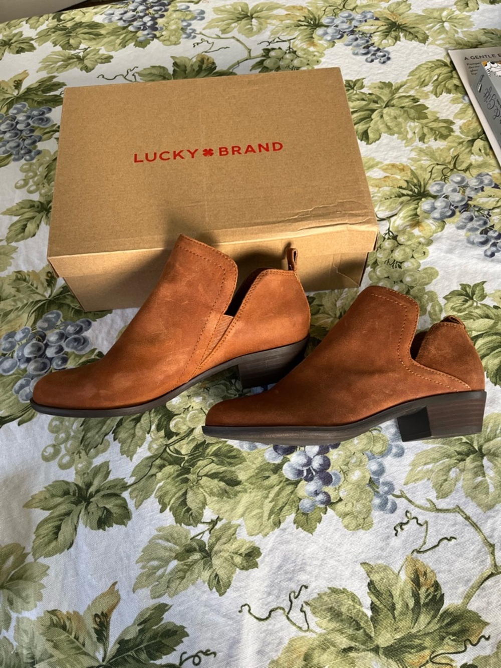 Lucky Brand Suede Cutout Ankle Boots in Cognac